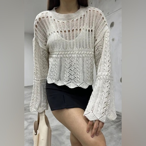 Zara crochet knit crop flare long sleeve top medium crochet - Picture 6 of 8